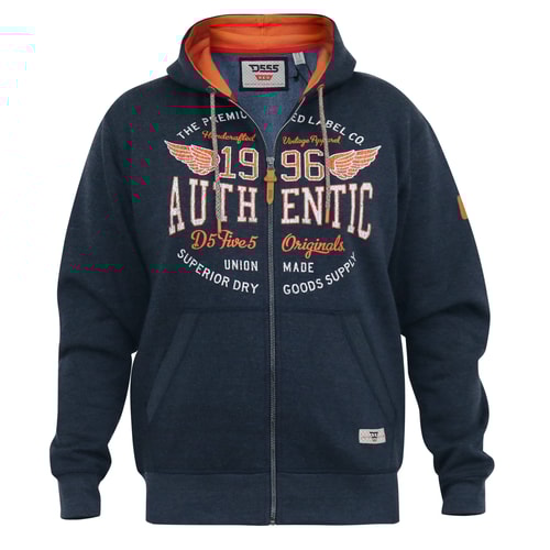 D555 Hamilton Kapuzenpullover mit durchgehendem Reißverschluss und Brustdruck, Denim